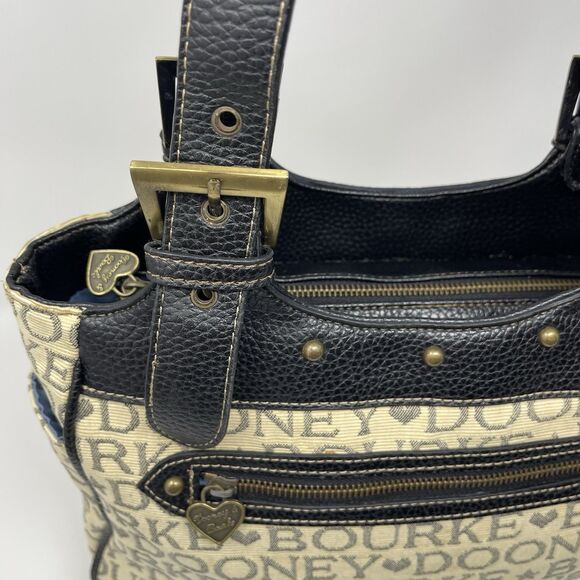 Dooney Bourke Tote Bag Tan Canvas  Black Lettering Leather Handbag Adjustable - Picture 8 of 14